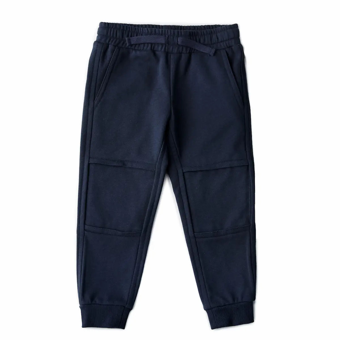 Chakiboo RenewaKnee™ navy kids' jogger showing the double-layer knee panel from the outside