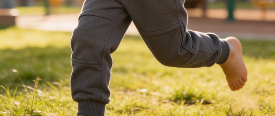 Boy wearing Chakiboo™ RenewaKnee™ slate joggers running outdoors