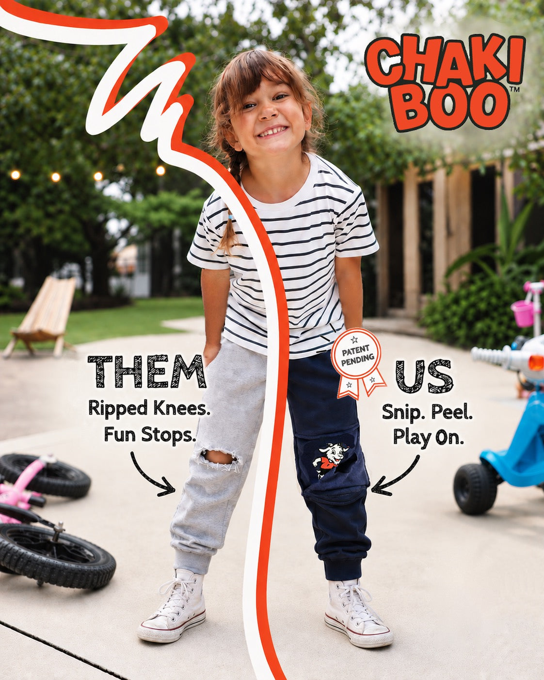 A smiling girl stands in a skatepark wearing a white T-shirt and split pants, one leg in light gray and the other in navy, with a cartoon patch on the navy leg. Text overlays describe the split design as 'THEM' and 'US', and the brand/logo 'CHAKIBOO' appears at the top right.