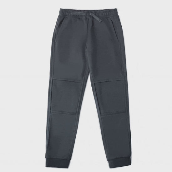Video demonstration of RenewaKnee™ Joggers — showing the reveal of a fresh knee layer on Chakiboo™ durable double-knee kids' pants with skateboarding goat on the under layer