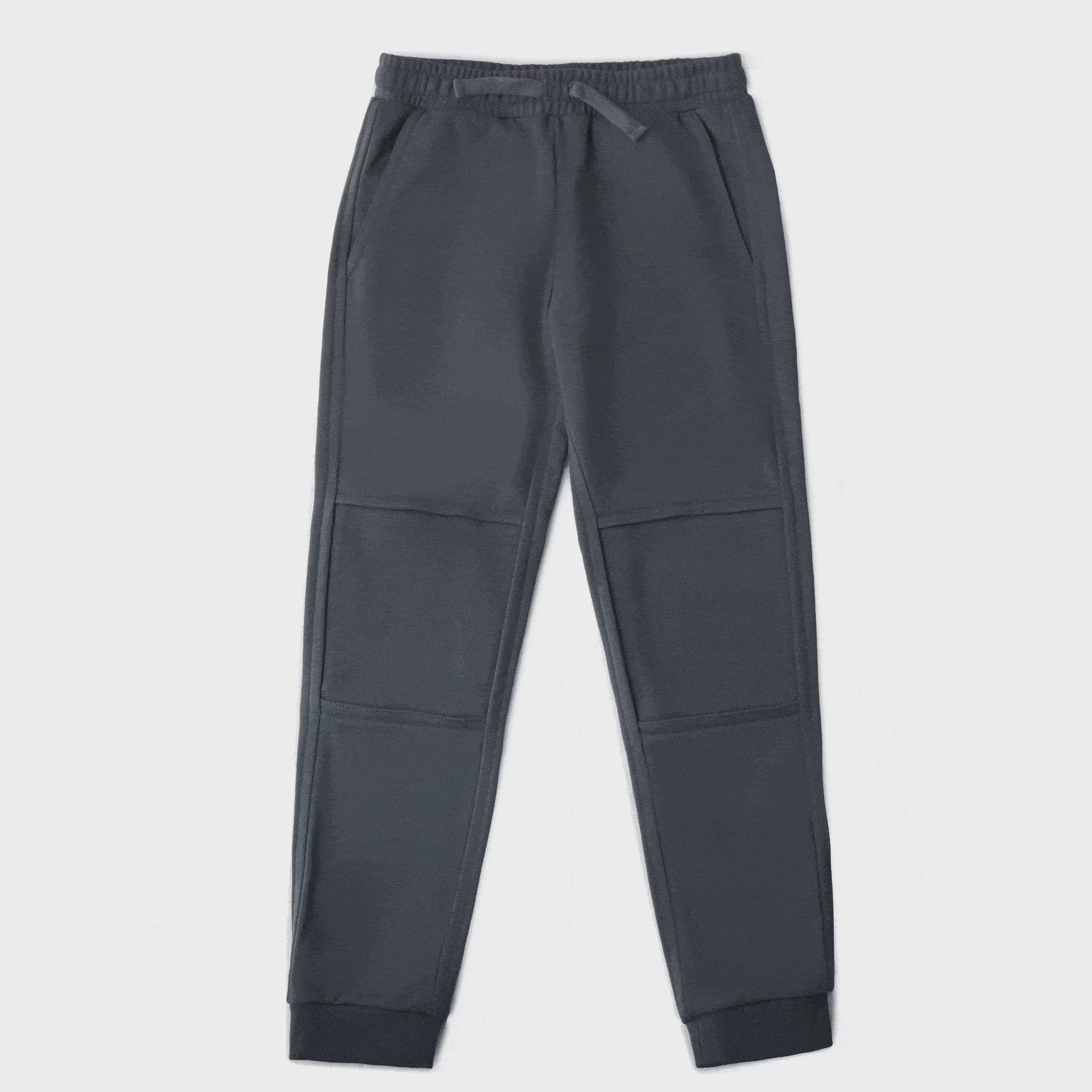 Video demonstration of RenewaKnee™ Joggers — showing the reveal of a fresh knee layer on Chakiboo™ durable double-knee kids' pants with skateboarding goat on the under layer